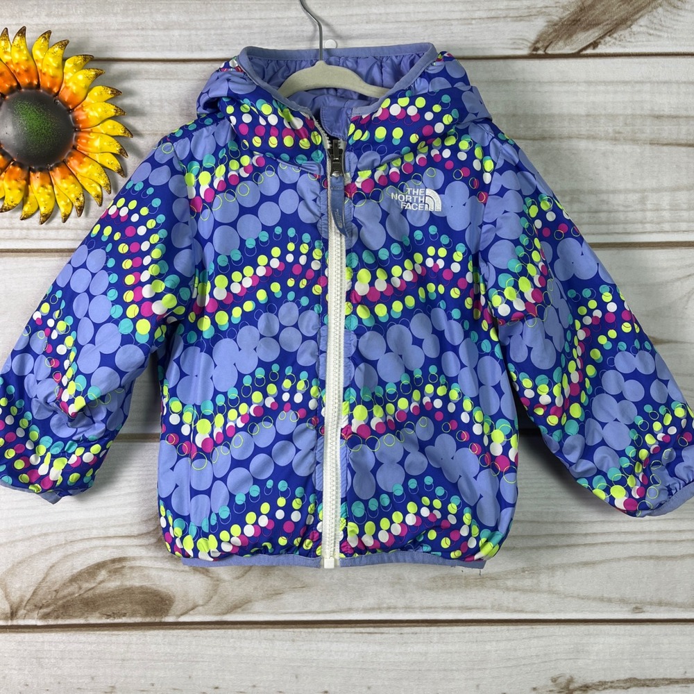 The North Face Reversible Kids Jacket Girls Blue Dot Print Purple Hooded 2T Coat